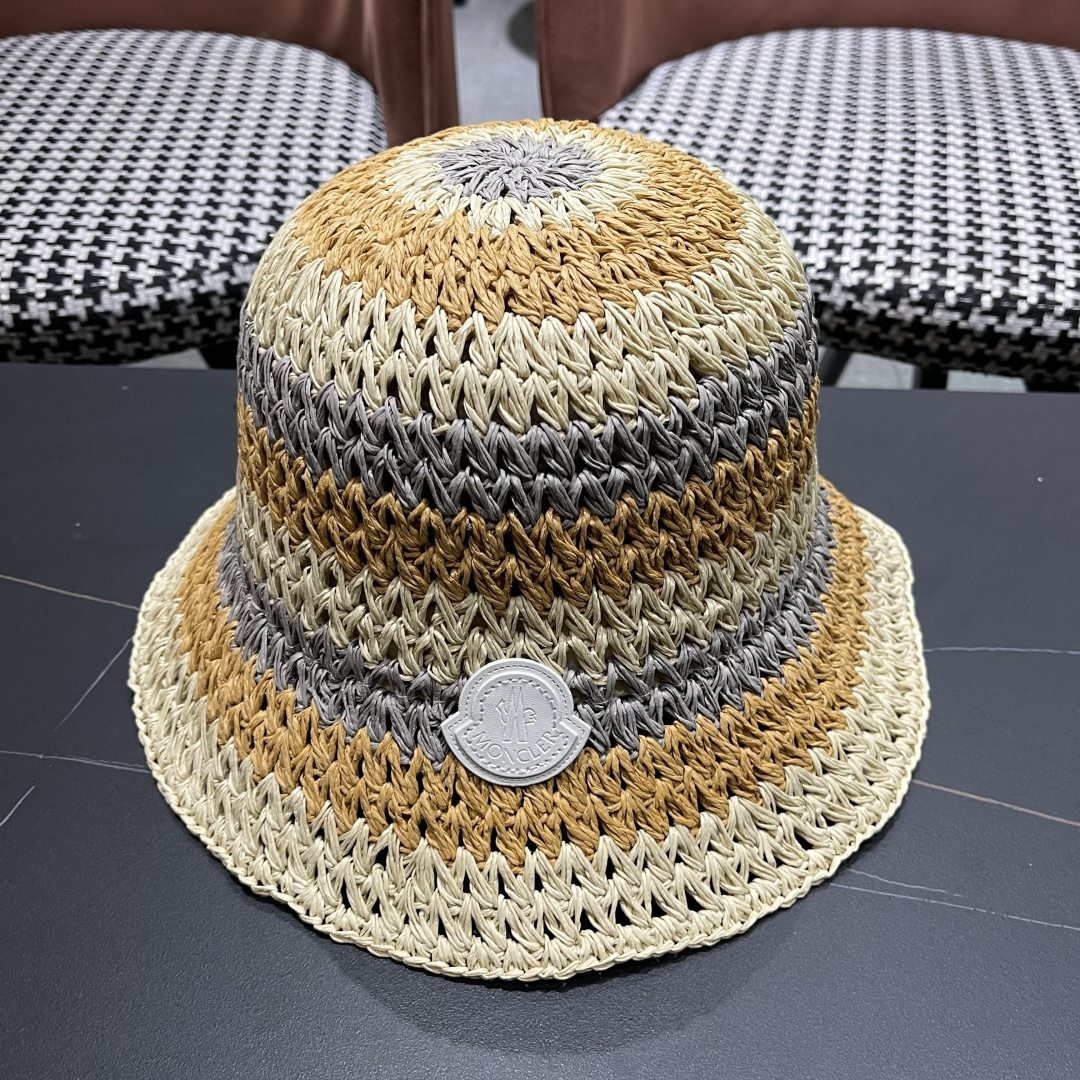  蒙口Moncler纯手工编织 帽子女夏韩版ins度假风氛围感百搭条
纹拼色草帽渔夫