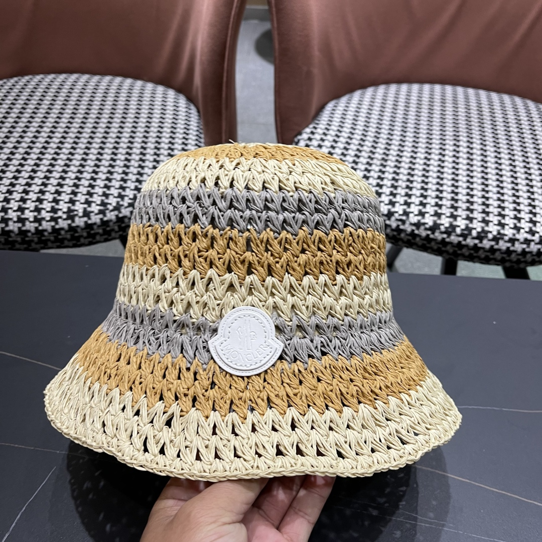  蒙口Moncler纯手工编织 帽子女夏韩版ins度假风氛围感百搭条
纹拼色草帽渔夫