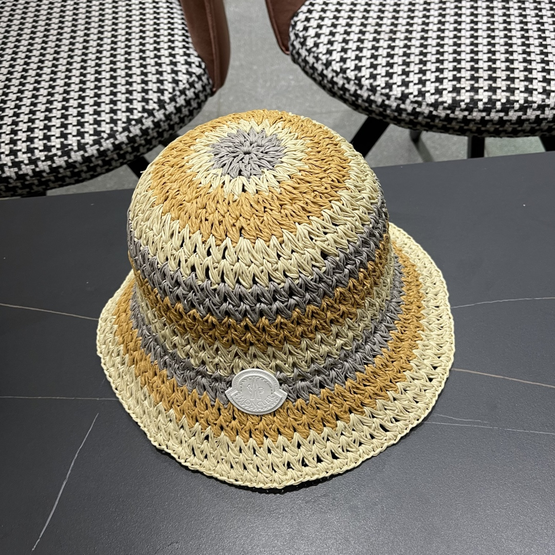  蒙口Moncler纯手工编织 帽子女夏韩版ins度假风氛围感百搭条
纹拼色草帽渔夫