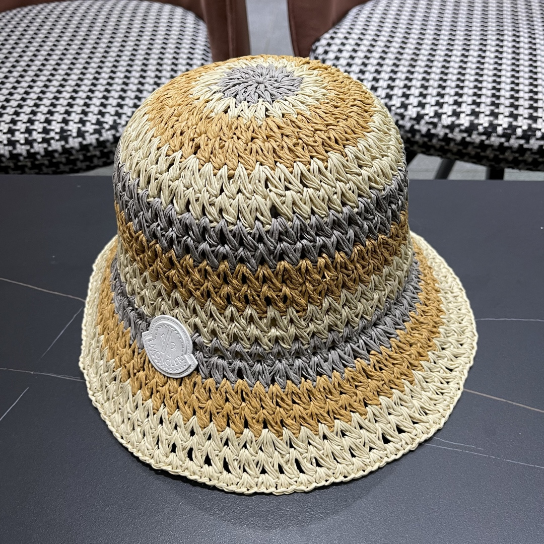  蒙口Moncler纯手工编织 帽子女夏韩版ins度假风氛围感百搭条
纹拼色草帽渔夫