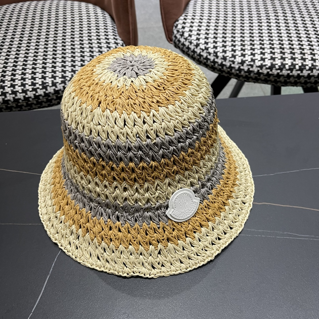  蒙口Moncler纯手工编织 帽子女夏韩版ins度假风氛围感百搭条
纹拼色草帽渔夫