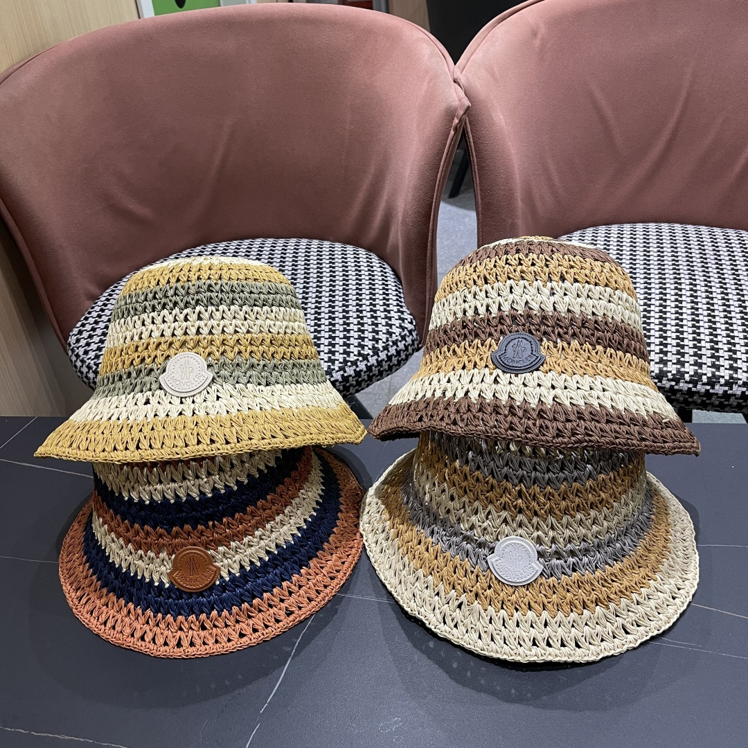  蒙口Moncler纯手工编织 帽子女夏韩版ins度假风氛围感百搭条
纹拼色草帽渔夫