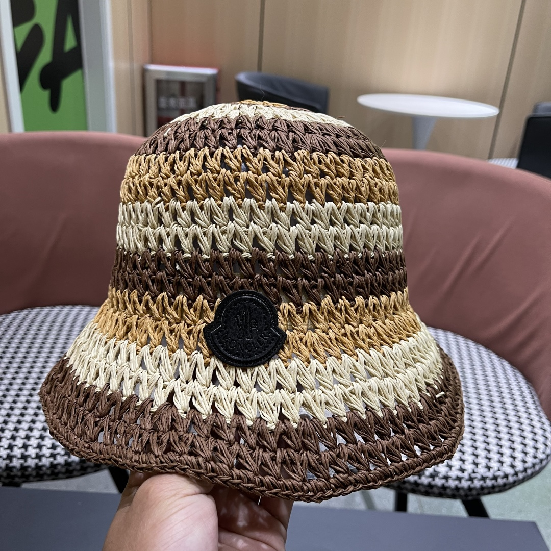  蒙口Moncler纯手工编织 帽子女夏韩版ins度假风氛围感百搭条
纹拼色草帽渔夫
