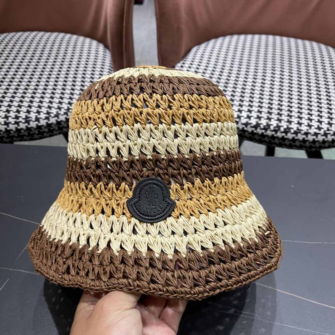  蒙口Moncler纯手工编织 帽子女夏韩版ins度假风氛围感百搭条
纹拼色草帽渔夫