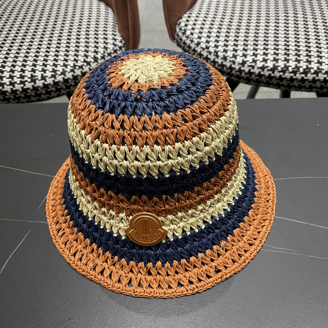  蒙口Moncler纯手工编织 帽子女夏韩版ins度假风氛围感百搭条
纹拼色草帽渔夫