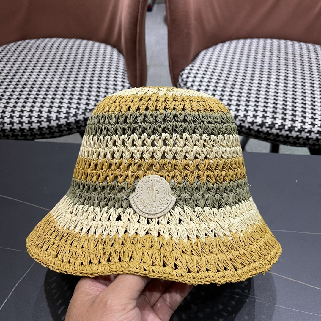  蒙口Moncler纯手工编织 帽子女夏韩版ins度假风氛围感百搭条
纹拼色草帽渔夫
