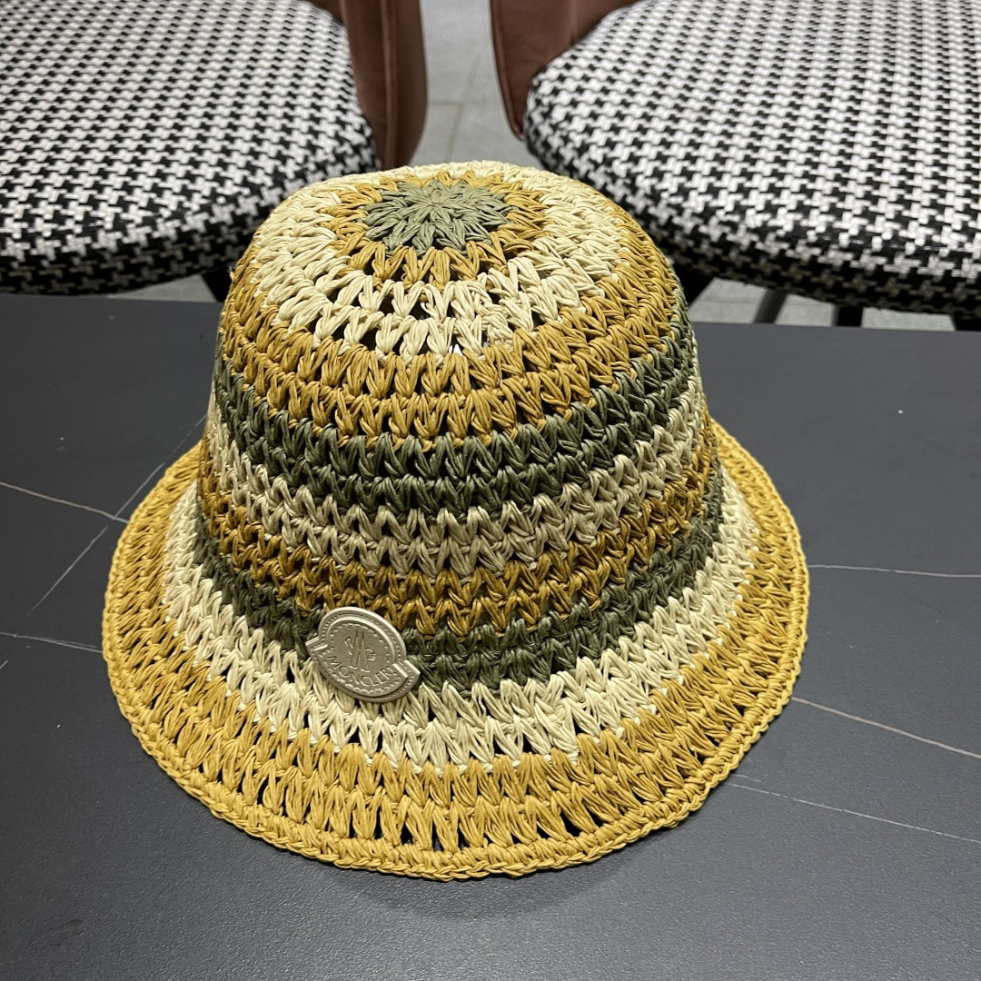  蒙口Moncler纯手工编织 帽子女夏韩版ins度假风氛围感百搭条
纹拼色草帽渔夫