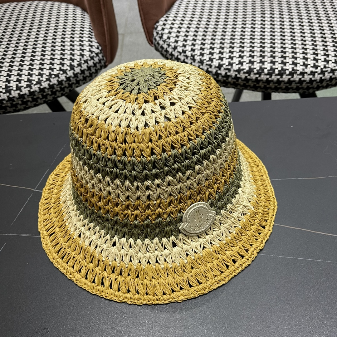  蒙口Moncler纯手工编织 帽子女夏韩版ins度假风氛围感百搭条
纹拼色草帽渔夫
