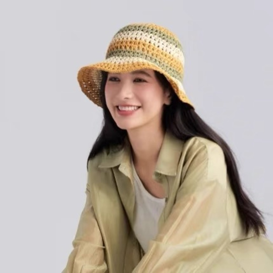  蒙口Moncler纯手工编织 帽子女夏韩版ins度假风氛围感百搭条
纹拼色草帽渔夫