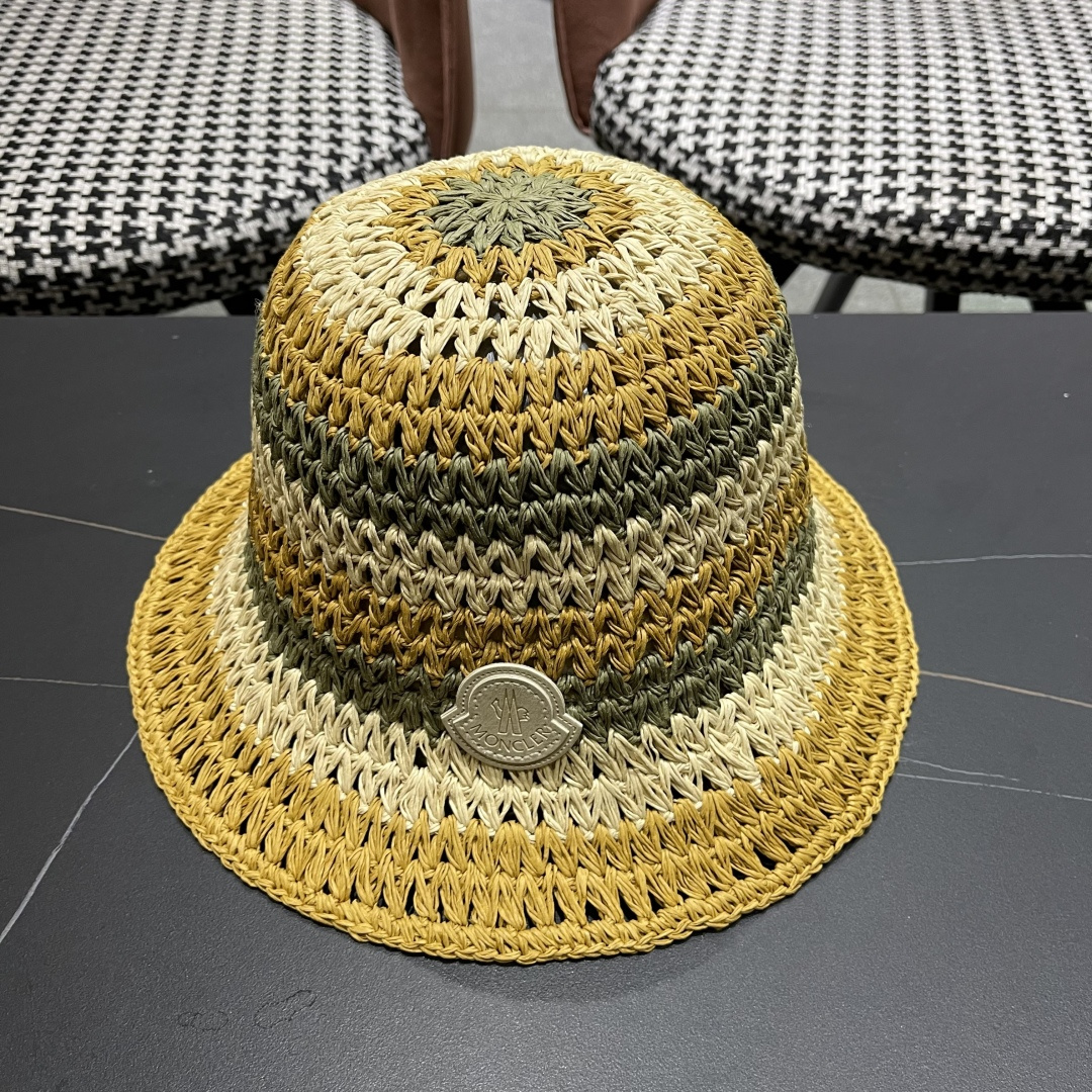  蒙口Moncler纯手工编织 帽子女夏韩版ins度假风氛围感百搭条
纹拼色草帽渔夫