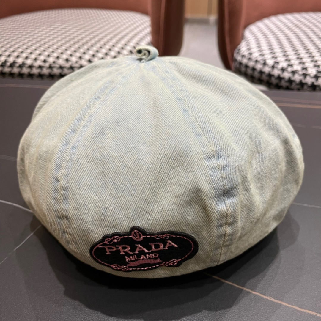 。PRADA普拉达 2025新款秋冬牛仔贝雷帽女英伦复古韩版简约纯色显脸小蓓蕾帽子