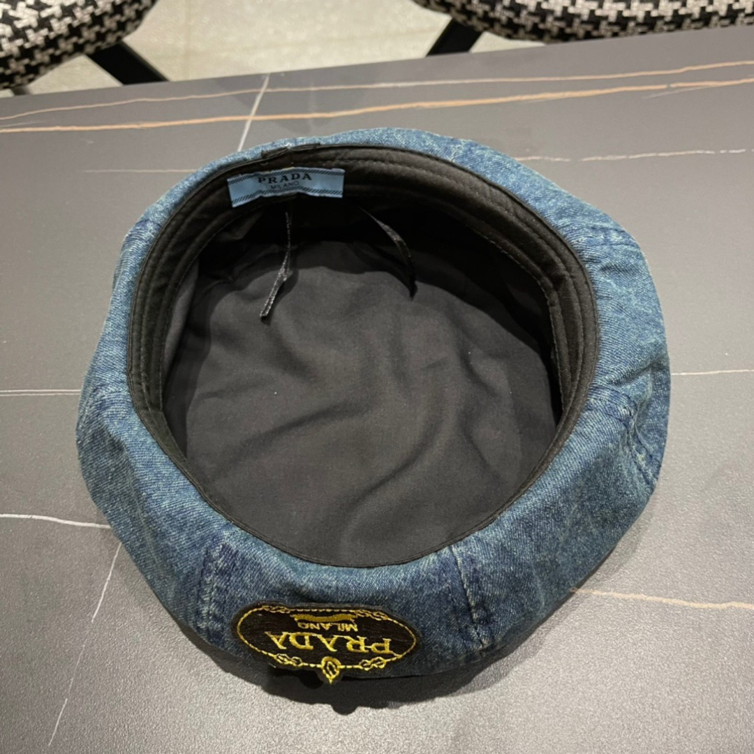 。PRADA普拉达 2025新款秋冬牛仔贝雷帽女英伦复古韩版简约纯色显脸小蓓蕾帽子