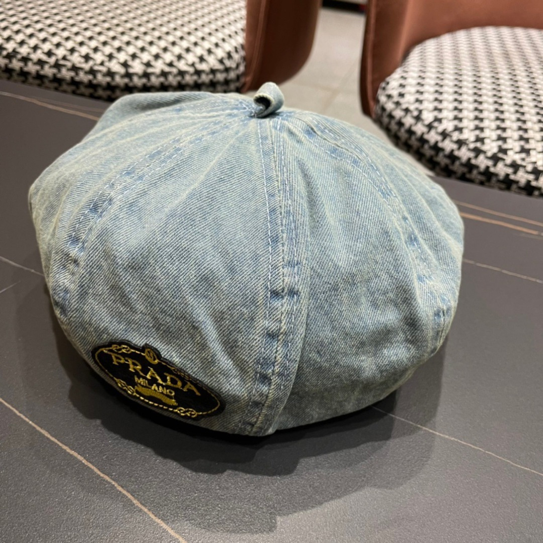 。PRADA普拉达 2025新款秋冬牛仔贝雷帽女英伦复古韩版简约纯色显脸小蓓蕾帽子