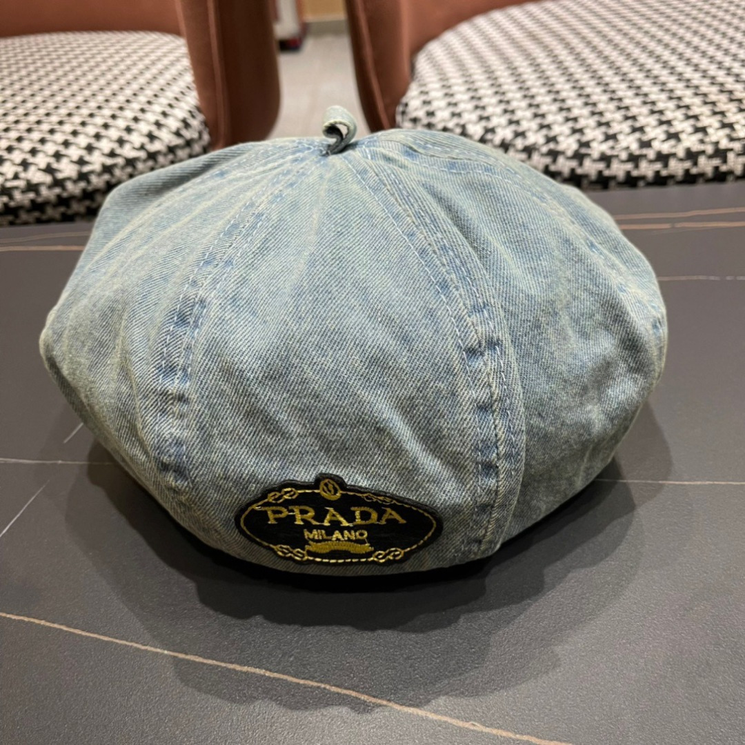 。PRADA普拉达 2025新款秋冬牛仔贝雷帽女英伦复古韩版简约纯色显脸小蓓蕾帽子