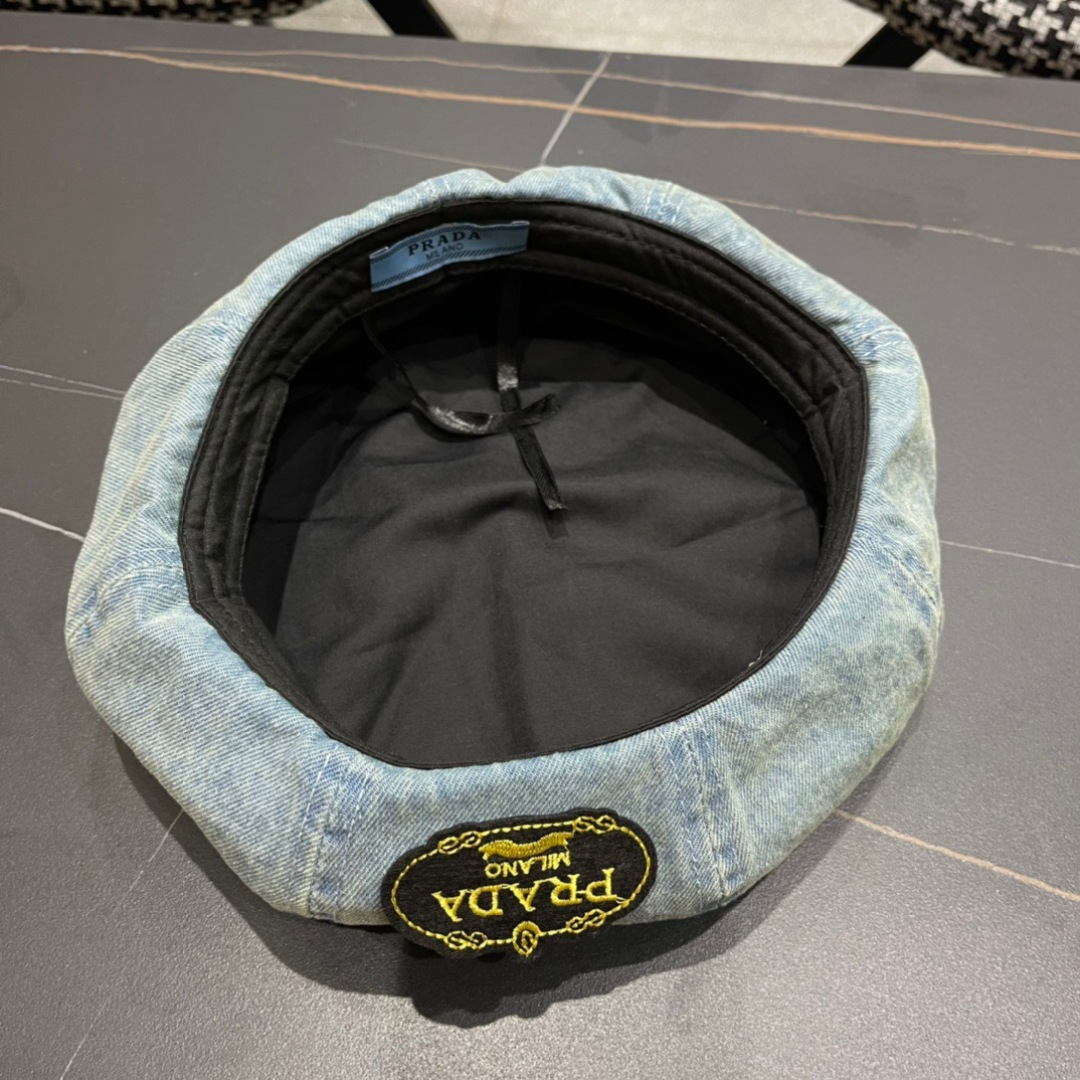 。PRADA普拉达 2025新款秋冬牛仔贝雷帽女英伦复古韩版简约纯色显脸小蓓蕾帽子
