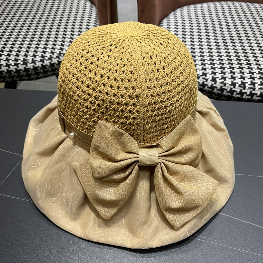  赛琳celine 2025新款夏季蝴蝶结遮阳渔夫帽女草帽防紫外线遮脸防晒太阳帽