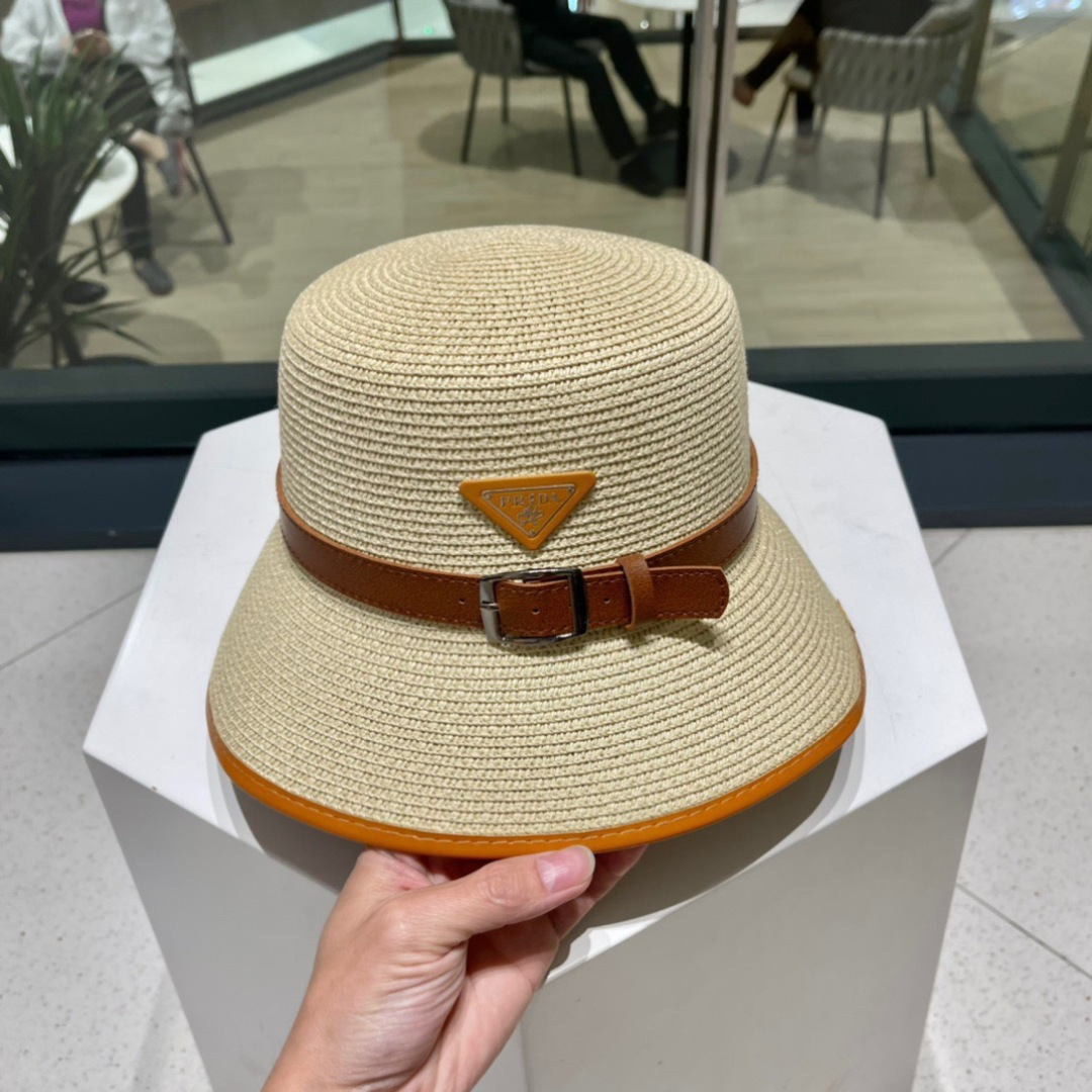  【PRADA普拉达】2025新款草编拼色皮带款编织草帽，度假休闲必备，优雅大方的一款