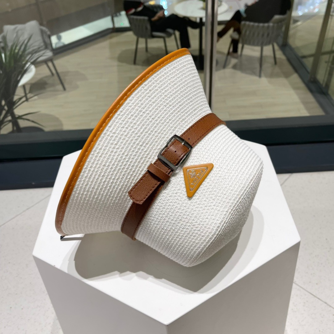  【PRADA普拉达】2025新款草编拼色皮带款编织草帽，度假休闲必备，优雅大方的一款