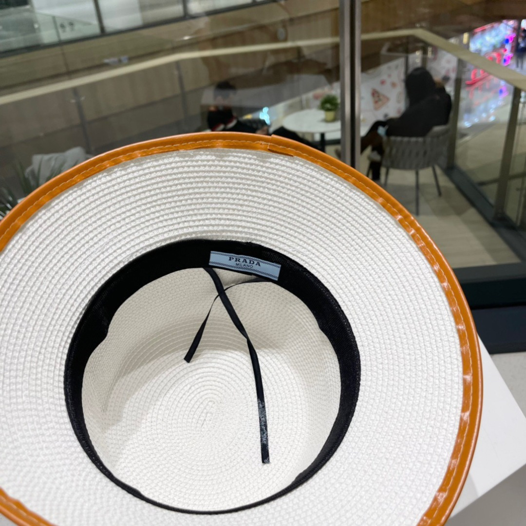  【PRADA普拉达】2025新款草编拼色皮带款编织草帽，度假休闲必备，优雅大方的一款