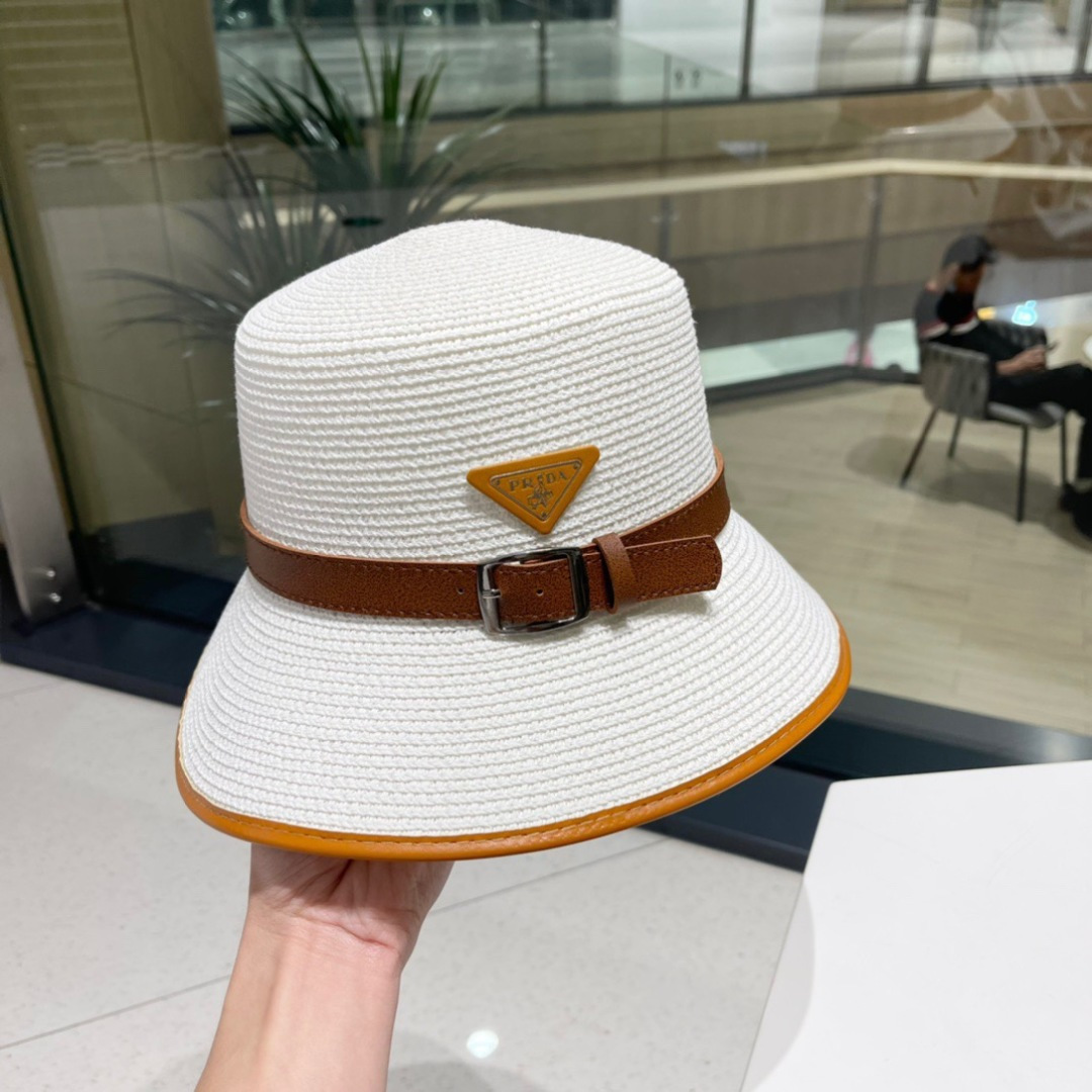  【PRADA普拉达】2025新款草编拼色皮带款编织草帽，度假休闲必备，优雅大方的一款