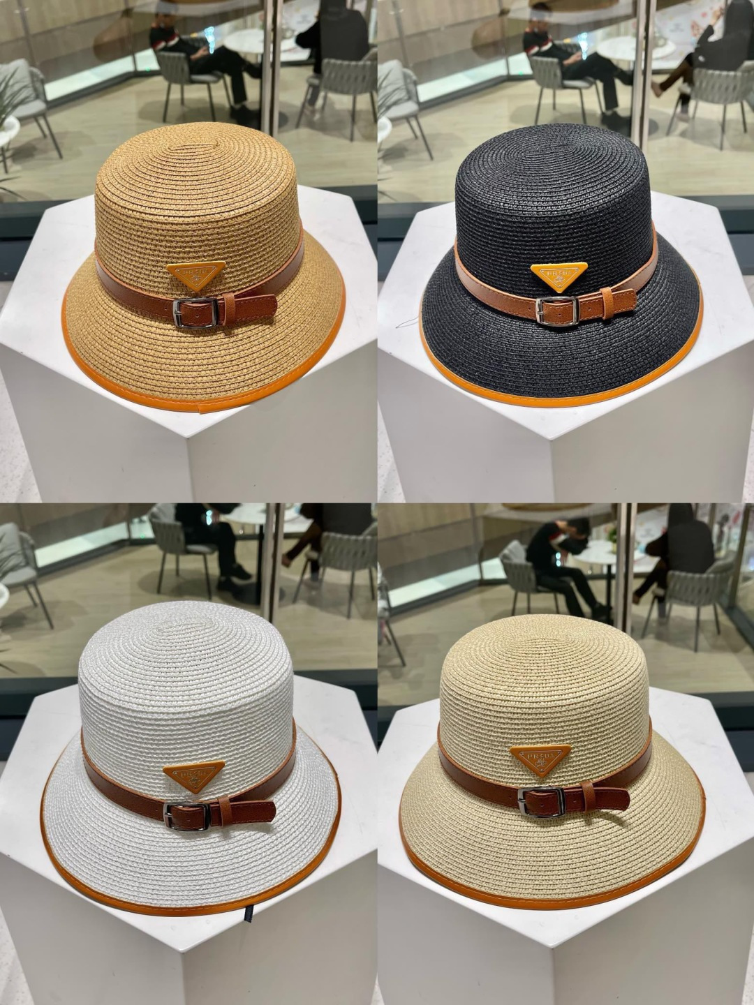  【PRADA普拉达】2025新款草编拼色皮带款编织草帽，度假休闲必备，优雅大方的一款