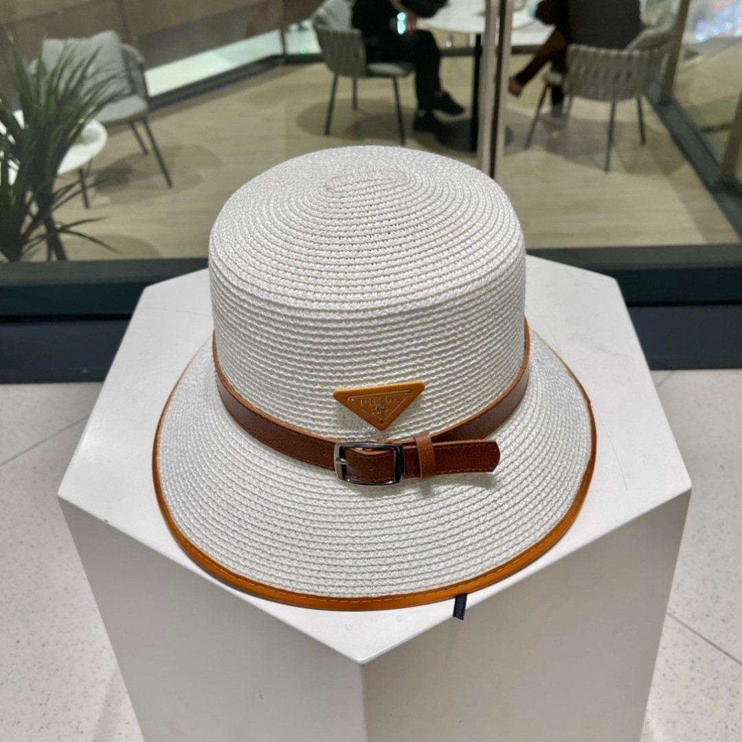  【PRADA普拉达】2025新款草编拼色皮带款编织草帽，度假休闲必备，优雅大方的一款