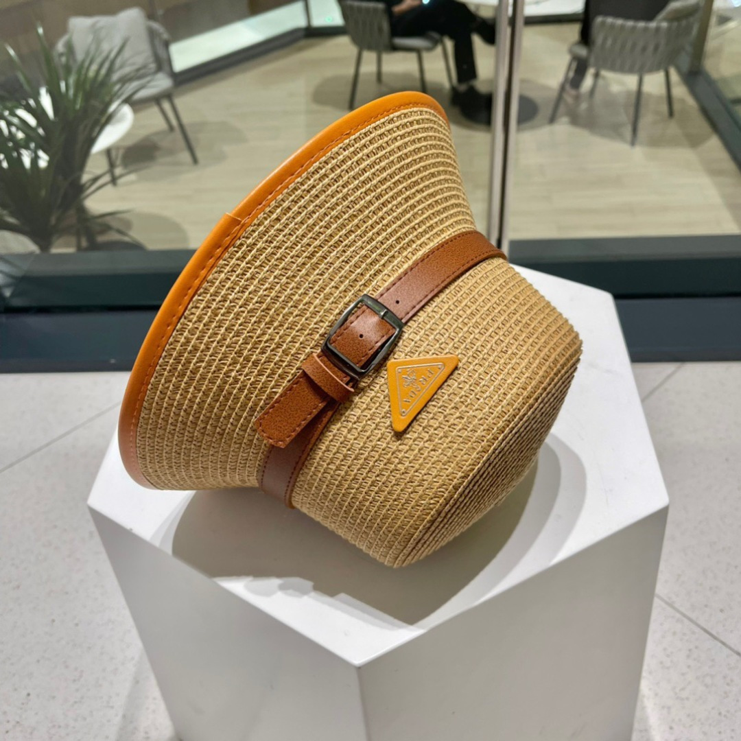  【PRADA普拉达】2025新款草编拼色皮带款编织草帽，度假休闲必备，优雅大方的一款
