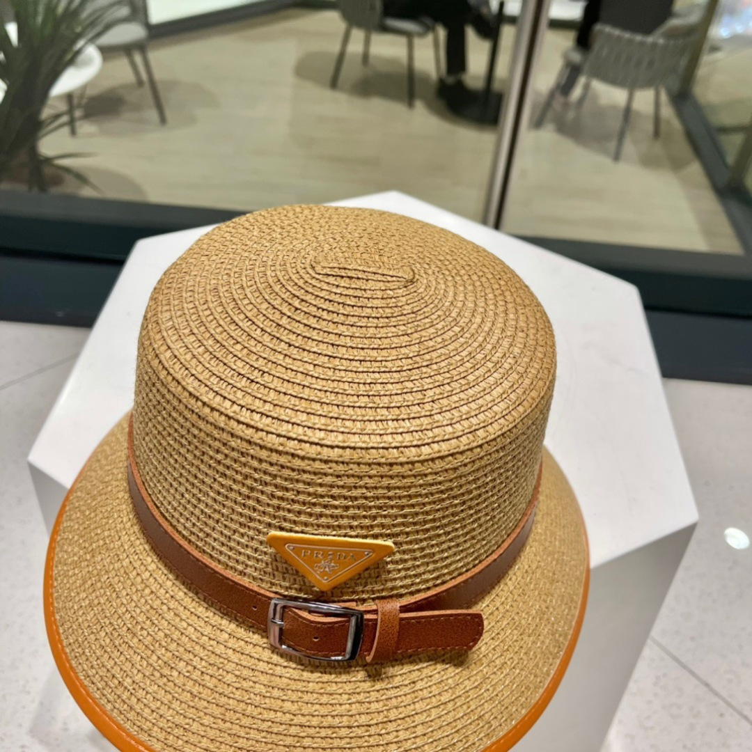  【PRADA普拉达】2025新款草编拼色皮带款编织草帽，度假休闲必备，优雅大方的一款