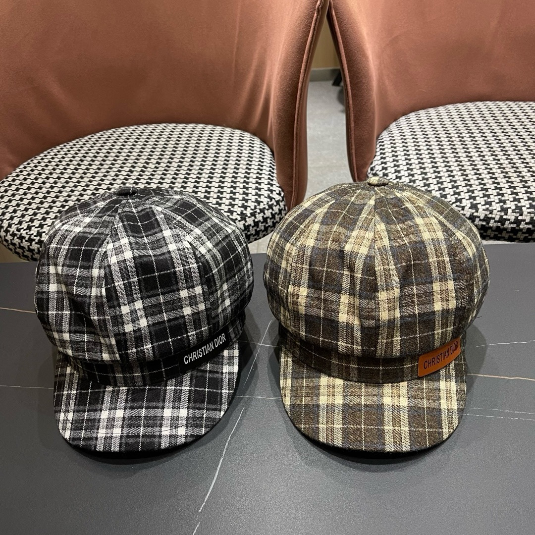  迪奥 美式复古格纹八角帽2025新款大头围
显脸小报童帽夏季薄款防晒帽子