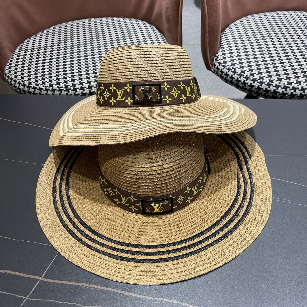  路易威登lv 法式赫本风帽子条纹大帽檐草帽女夏海边沙滩遮阳帽