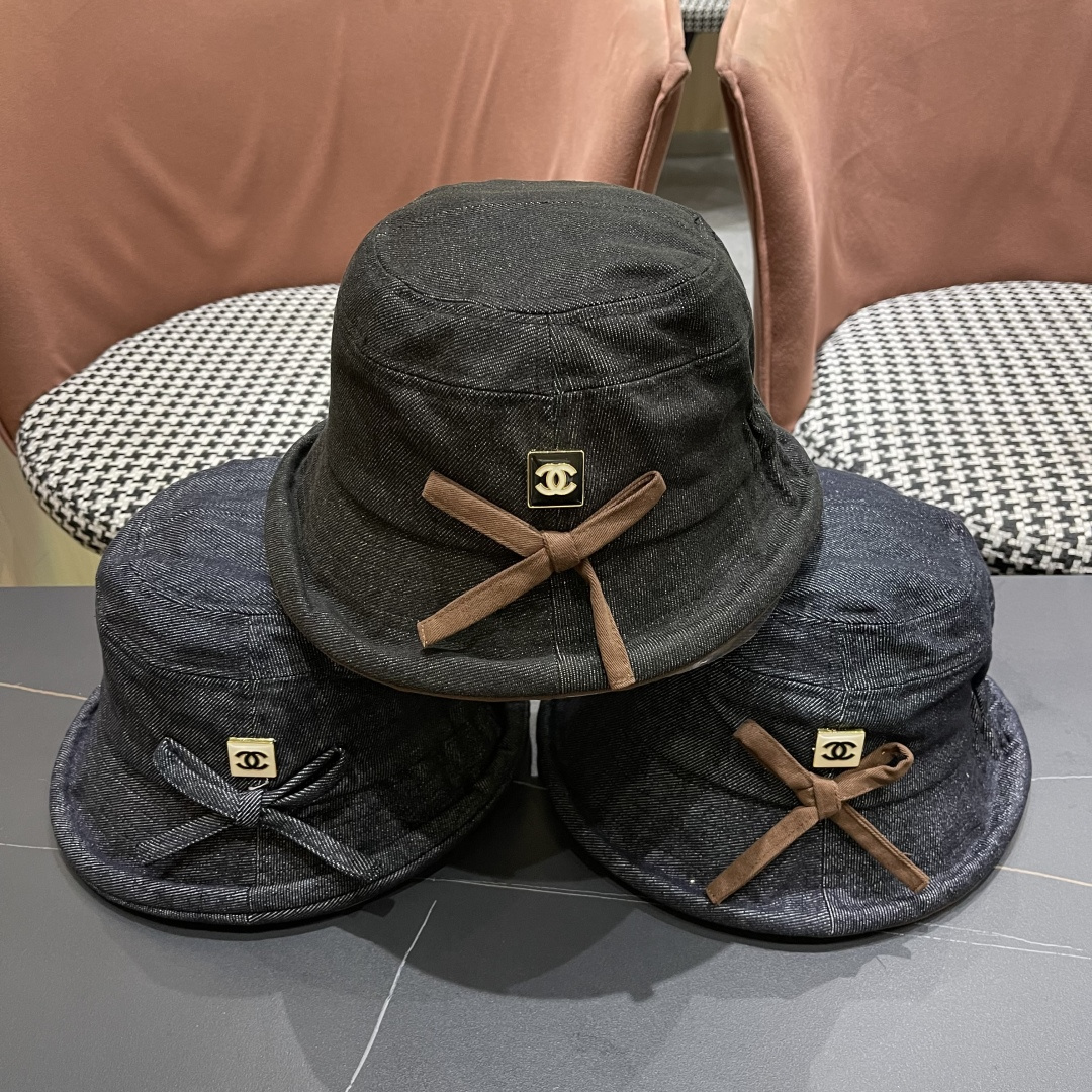  香奈儿2025 春秋款高品质卷边渔夫帽日系牛仔布百搭盆帽气质优雅蝴蝶结女