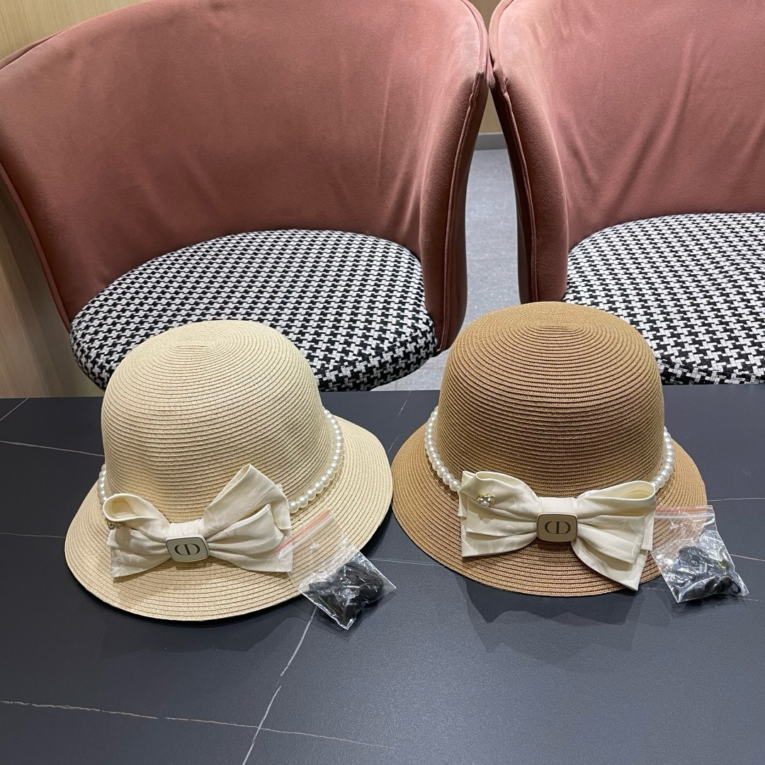  迪奥Dior草帽法式复古大珍珠蝴蝶结防晒草帽女
夏季遮阳盆帽渔夫帽可折叠