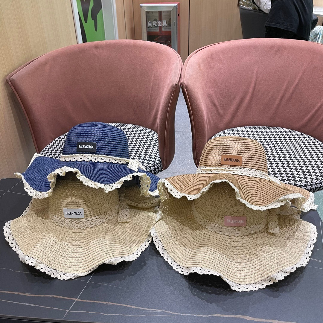  巴黎世家 BALENClAGA法式花边蕾丝草帽女夏凉帽防晒海边沙滩遮阳
帽大帽草编渔夫太阳帽
