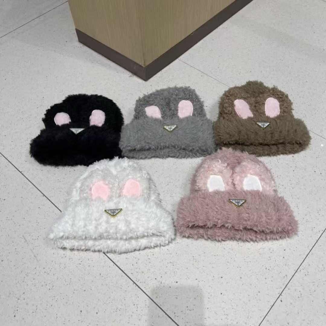  PRADA普拉达 兔子耳朵毛线帽子女秋冬季新款加厚保暖显脸小甜美可爱针织帽
