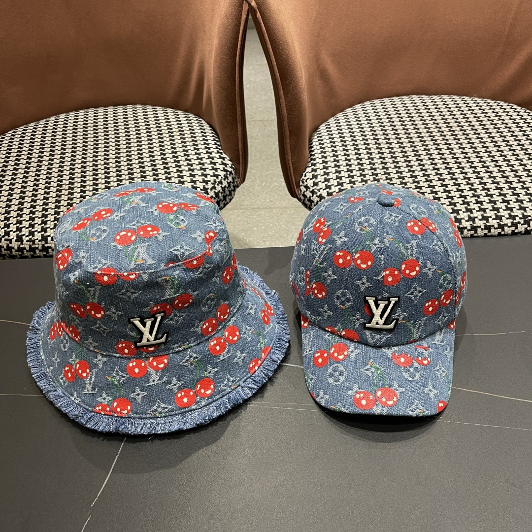  渔夫帽  棒球帽 Lv路易威登2025 新款可爱樱桃遮阳帽女透气渔夫帽牛仔蓝
度假旅游拍照棒球帽子