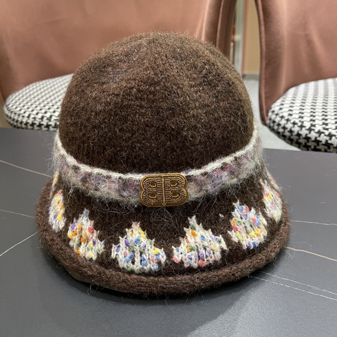  BALENCIAGA巴黎世家韩国渔夫帽女生秋冬新款复古彩色提花针织帽小众高级感保暖盆帽潮