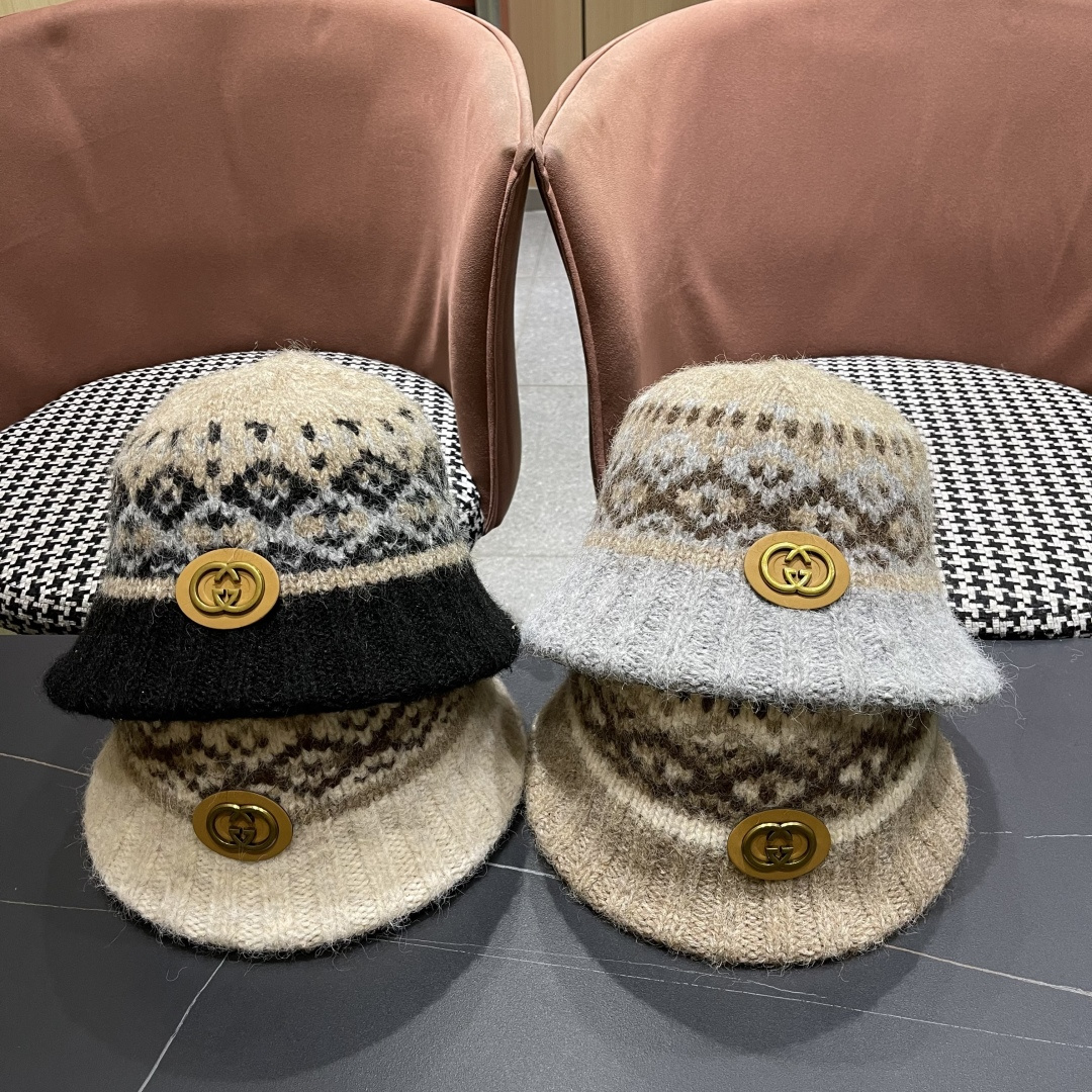  古奇渔夫帽♥️GUCCI 冬季加厚费尔岛风针织渔夫帽子女2025秋复古宽
檐显脸小保暖盆帽潮