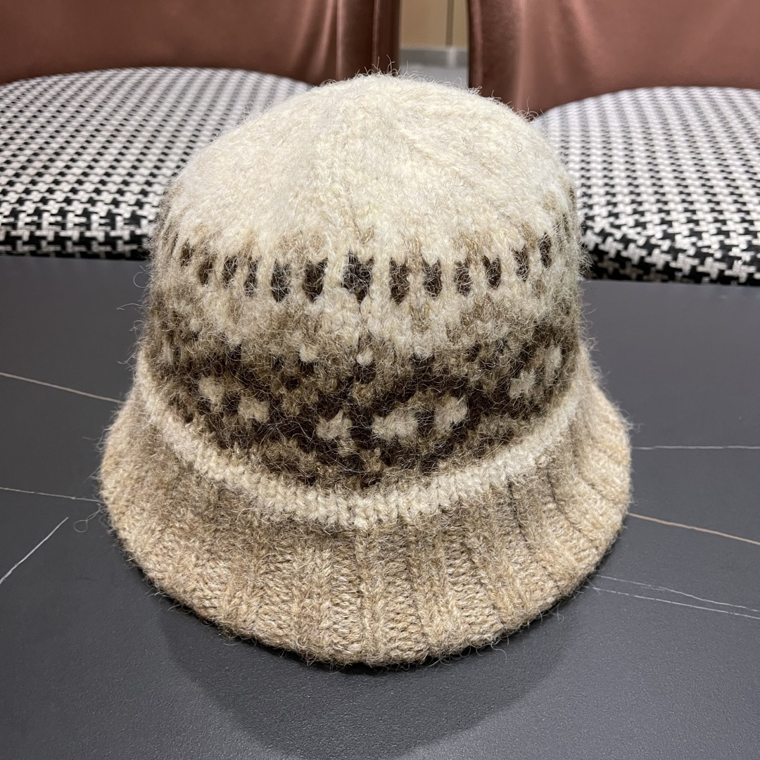  古奇渔夫帽♥️GUCCI 冬季加厚费尔岛风针织渔夫帽子女2025秋复古宽
檐显脸小保暖盆帽潮