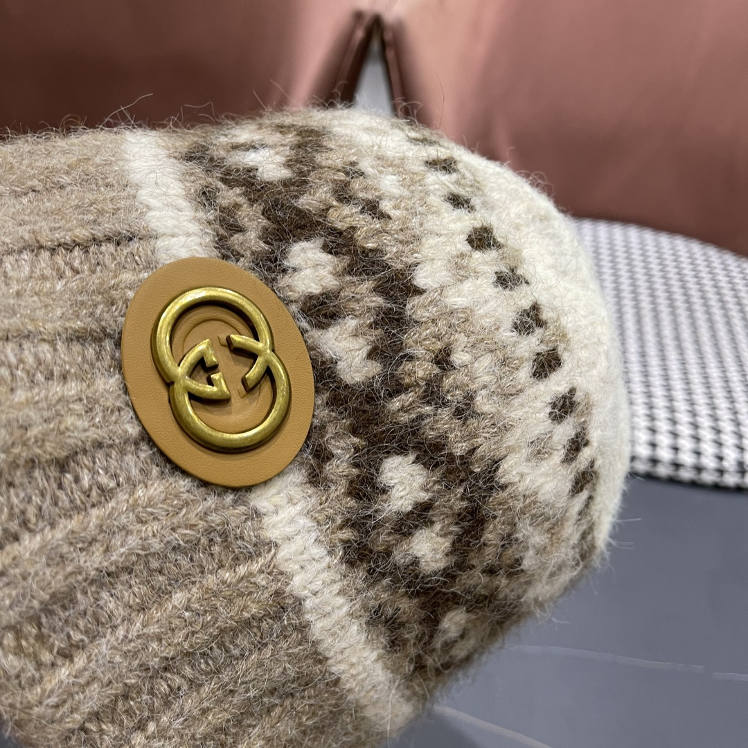  古奇渔夫帽♥️GUCCI 冬季加厚费尔岛风针织渔夫帽子女2025秋复古宽
檐显脸小保暖盆帽潮