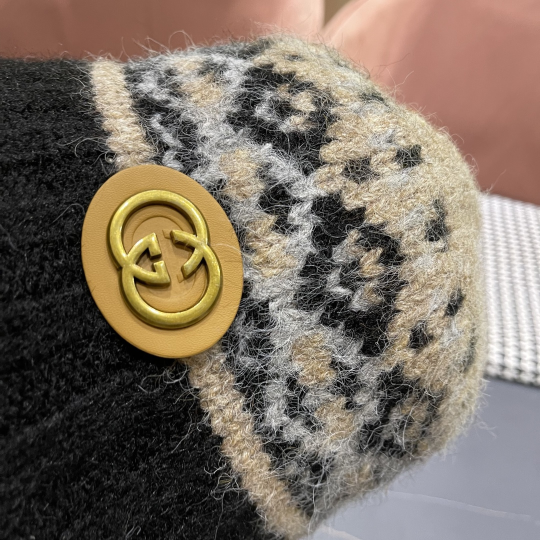  古奇渔夫帽♥️GUCCI 冬季加厚费尔岛风针织渔夫帽子女2025秋复古宽
檐显脸小保暖盆帽潮