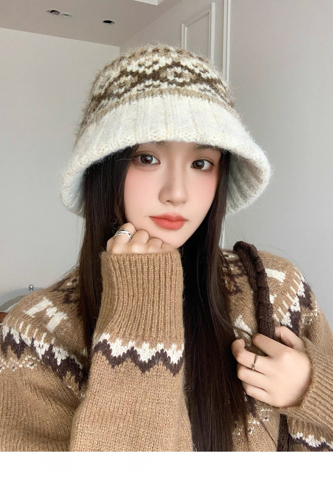  古奇渔夫帽♥️GUCCI 冬季加厚费尔岛风针织渔夫帽子女2025秋复古宽
檐显脸小保暖盆帽潮