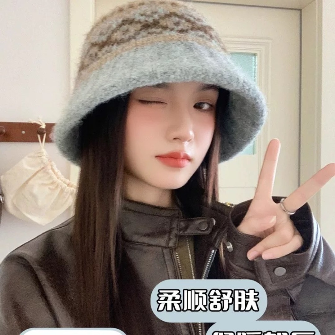  古奇渔夫帽♥️GUCCI 冬季加厚费尔岛风针织渔夫帽子女2025秋复古宽
檐显脸小保暖盆帽潮