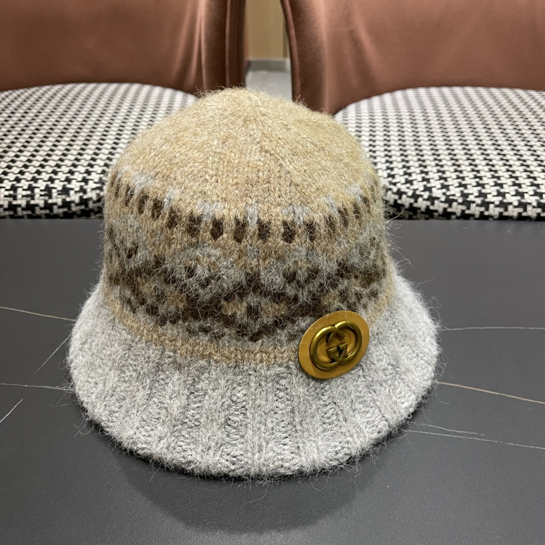  古奇渔夫帽♥️GUCCI 冬季加厚费尔岛风针织渔夫帽子女2025秋复古宽
檐显脸小保暖盆帽潮
