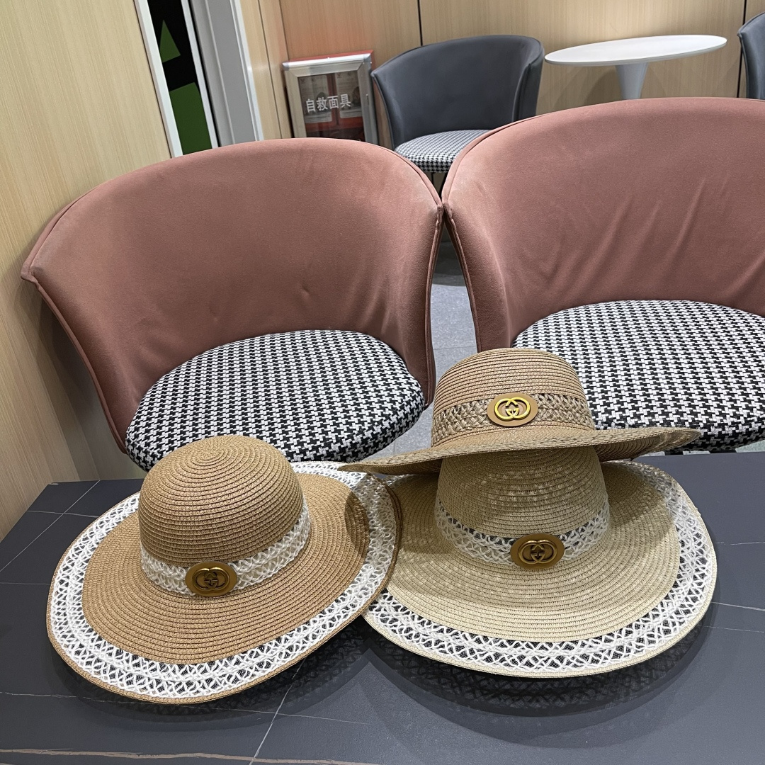  Gucci古奇2025新款大檐拼包大草帽，名媛风遮阳帽，，旅游出街必备