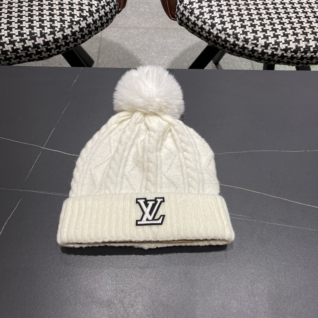 lv路易威登帽子2025女秋冬毛线帽韩版针织帽女士百搭毛球帽护耳冬季套头潮加厚帽