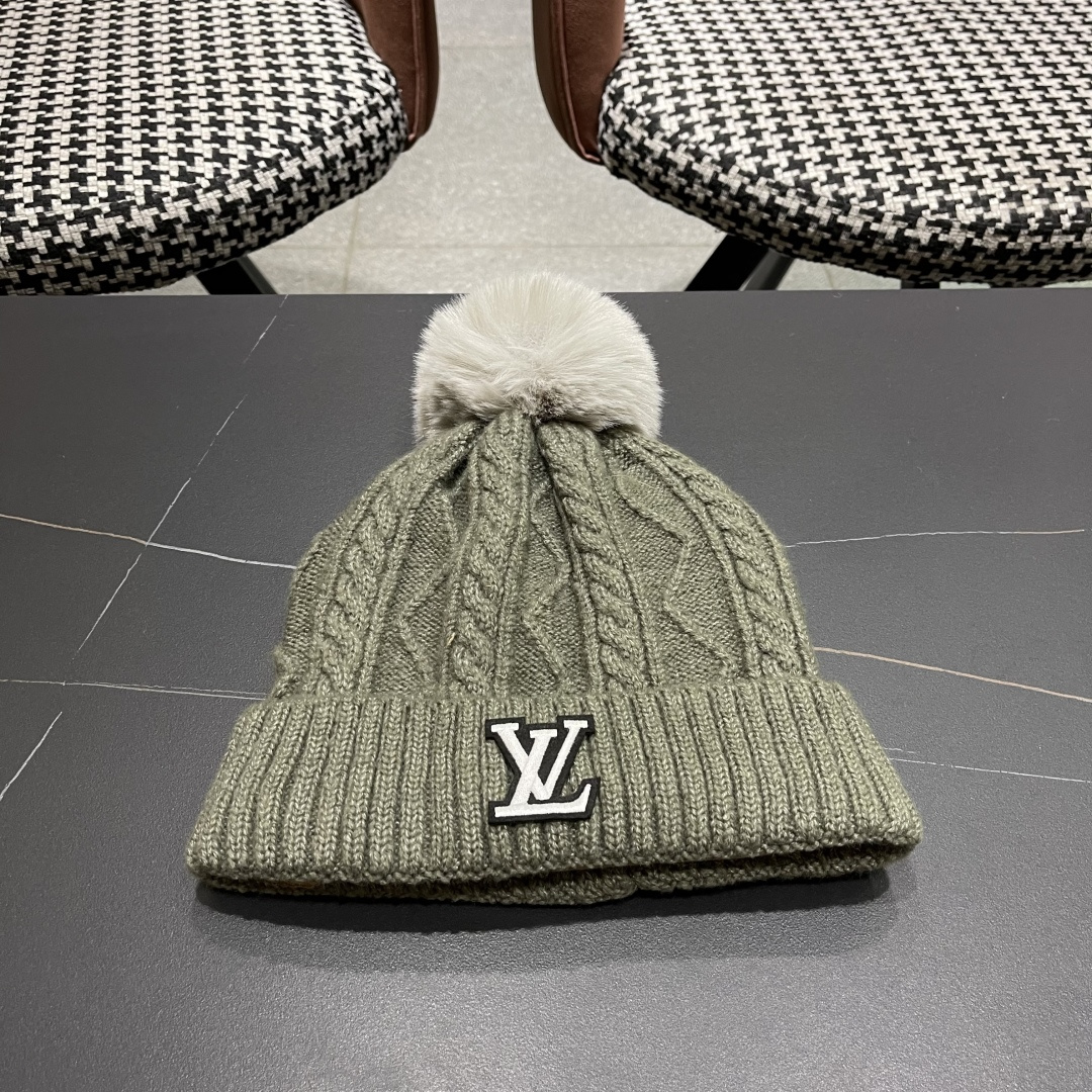 lv路易威登帽子2025女秋冬毛线帽韩版针织帽女士百搭毛球帽护耳冬季套头潮加厚帽