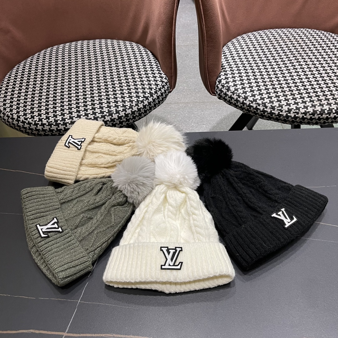 lv路易威登帽子2025女秋冬毛线帽韩版针织帽女士百搭毛球帽护耳冬季套头潮加厚帽