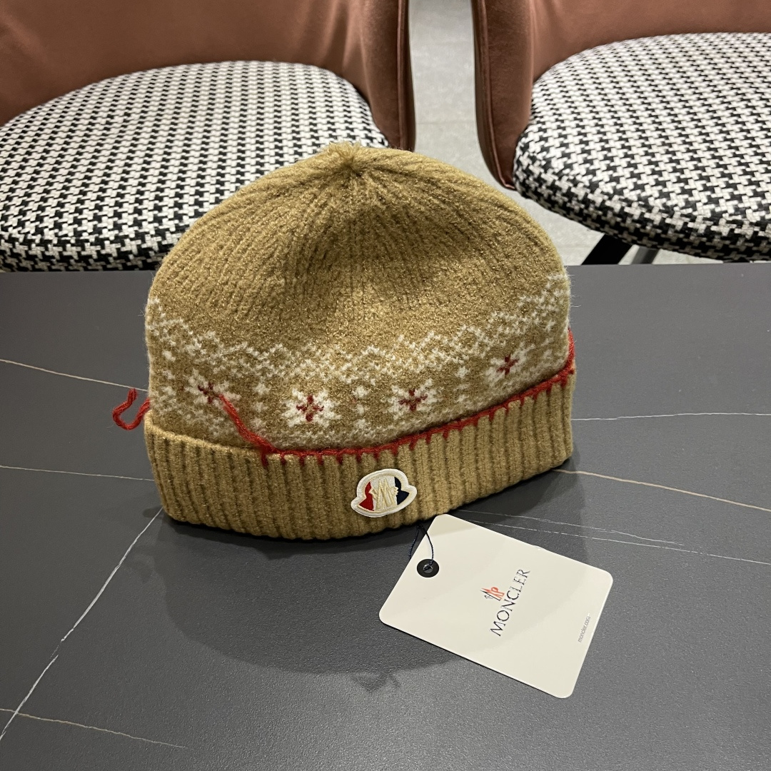 MONCLER（蒙口）雪花套头针织帽保暖百搭大头围复古毛线帽子女秋冬