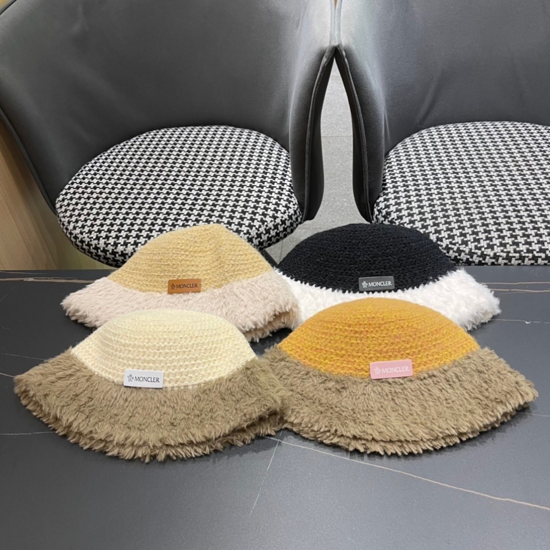 蒙口moncler针织毛绒渔夫帽女秋冬季新款水桶帽日系显脸小帽子