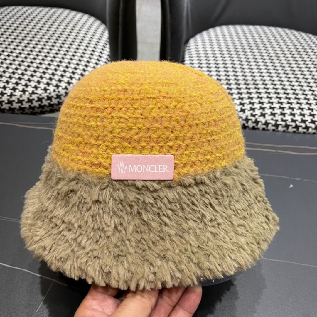 蒙口moncler针织毛绒渔夫帽女秋冬季新款水桶帽日系显脸小帽子